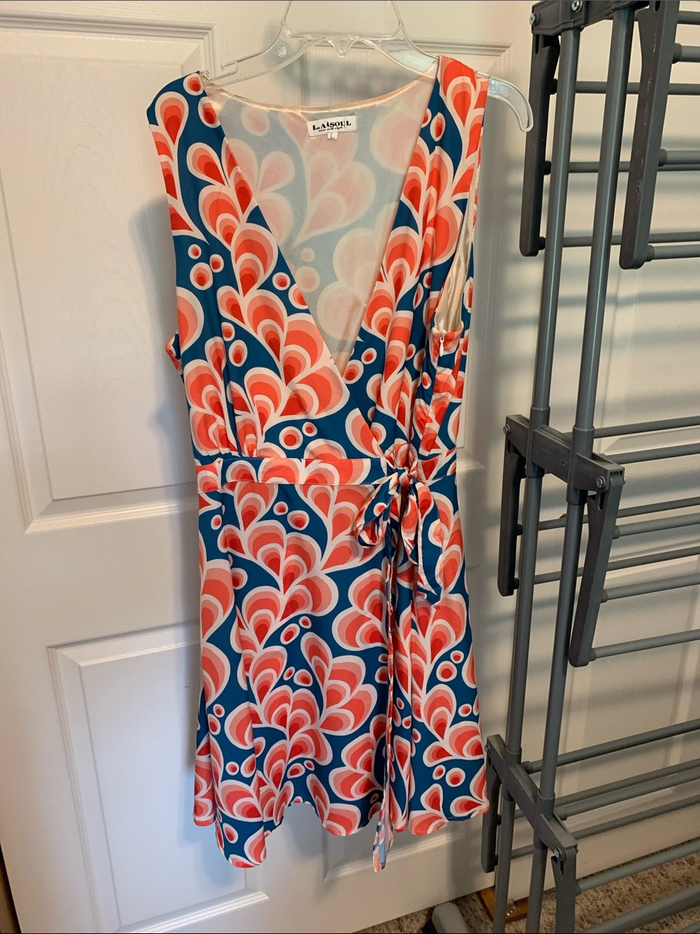 Coral & Blue Sleeveless Wrap Dress